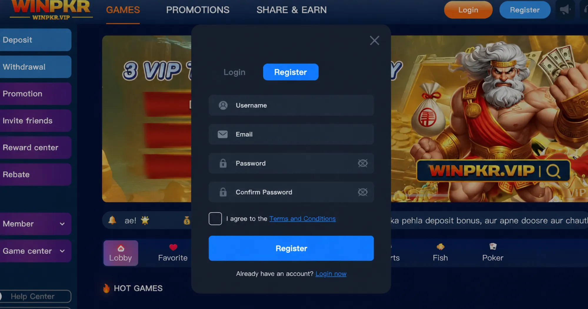 WINPKR-registration WINPKR registration form on a dark gaming website interface with username, email, password and confirm password fields