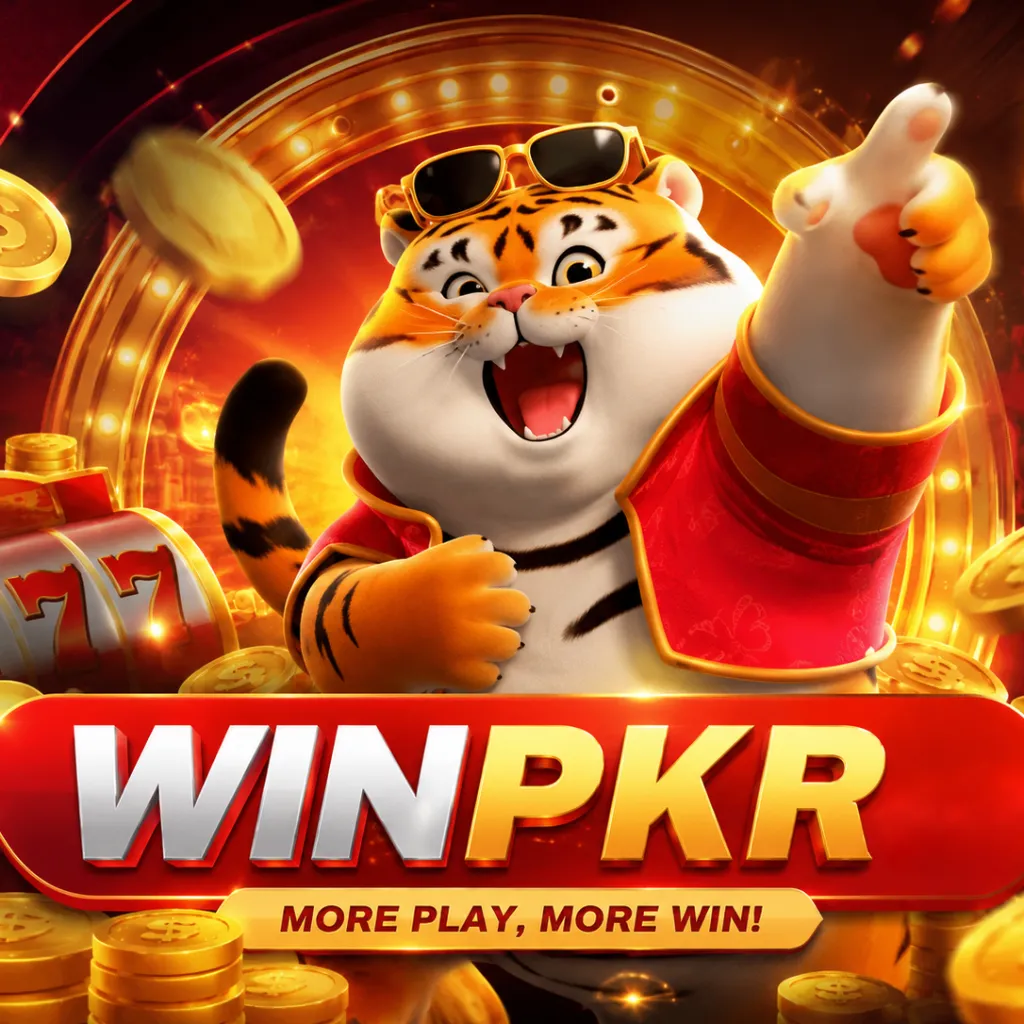 WINPKR casino banner with smiling tiger mascot, slot machine, golden coins and red jackpot-style design