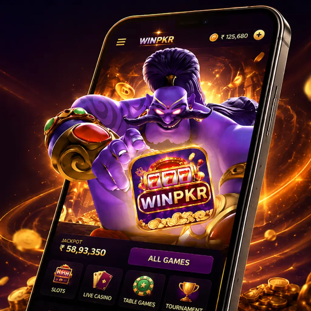 WINPKR mobile with purple game character, smartphone interface, app icon and Download Now button