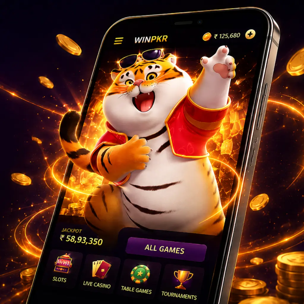 WINPKR mobile casino app banner with tiger mascot, smartphone game interface, app icon and Download Now button