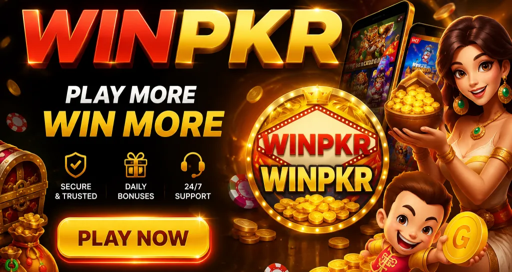 WINPKR online casino promo banner with mobile games, golden coins, cartoon characters and Play Now button