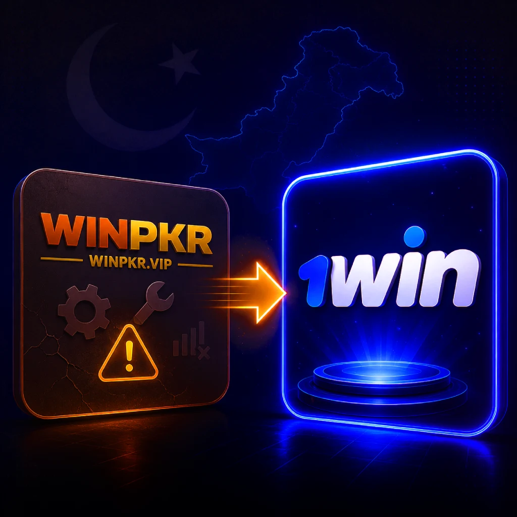WINPKR to 1win Pakistan migration banner with neon 3D panels, glowing arrow, and Pakistan map background